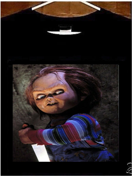 Chucky T shirt; Child's Play Movie 1988 Chucky with Knife Tee Shirt